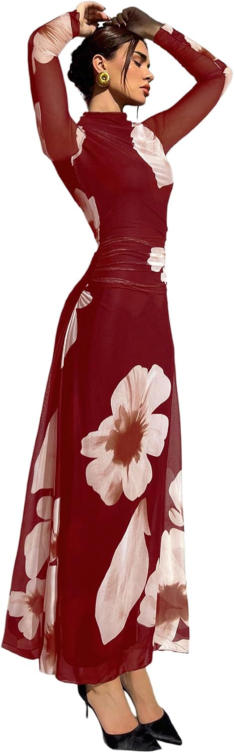 Verdusa Women's Floral Wedding Guest Dress Long Sleeve Mesh Maxi Dresses | Bodycon Dresses, Elegant Dresses for Women, Flowy Dresses, Cocktail Outfits, Fall Dresses for Women