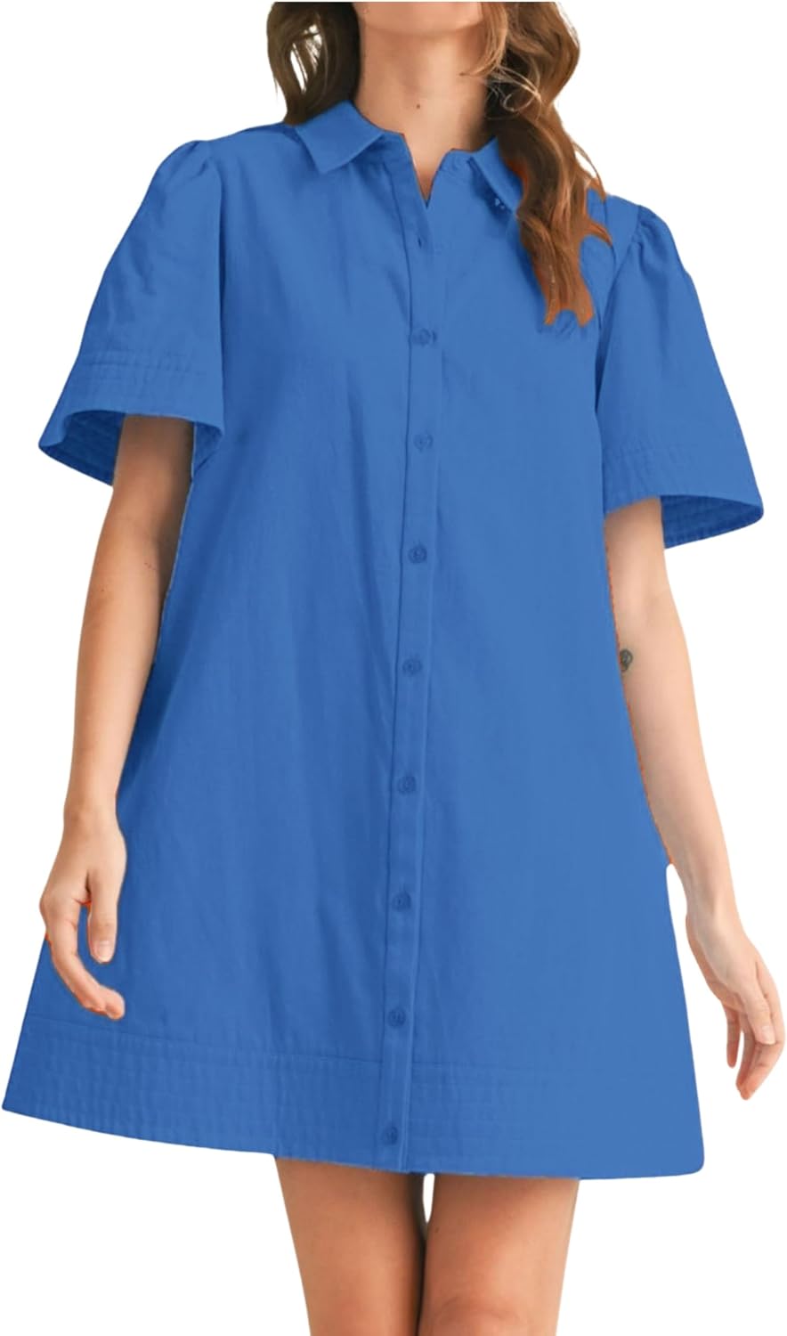 Meyhad Womens Short Sleeve Button Down Mini Shirt Dress Lapel Collar Short Dresses with Pocket