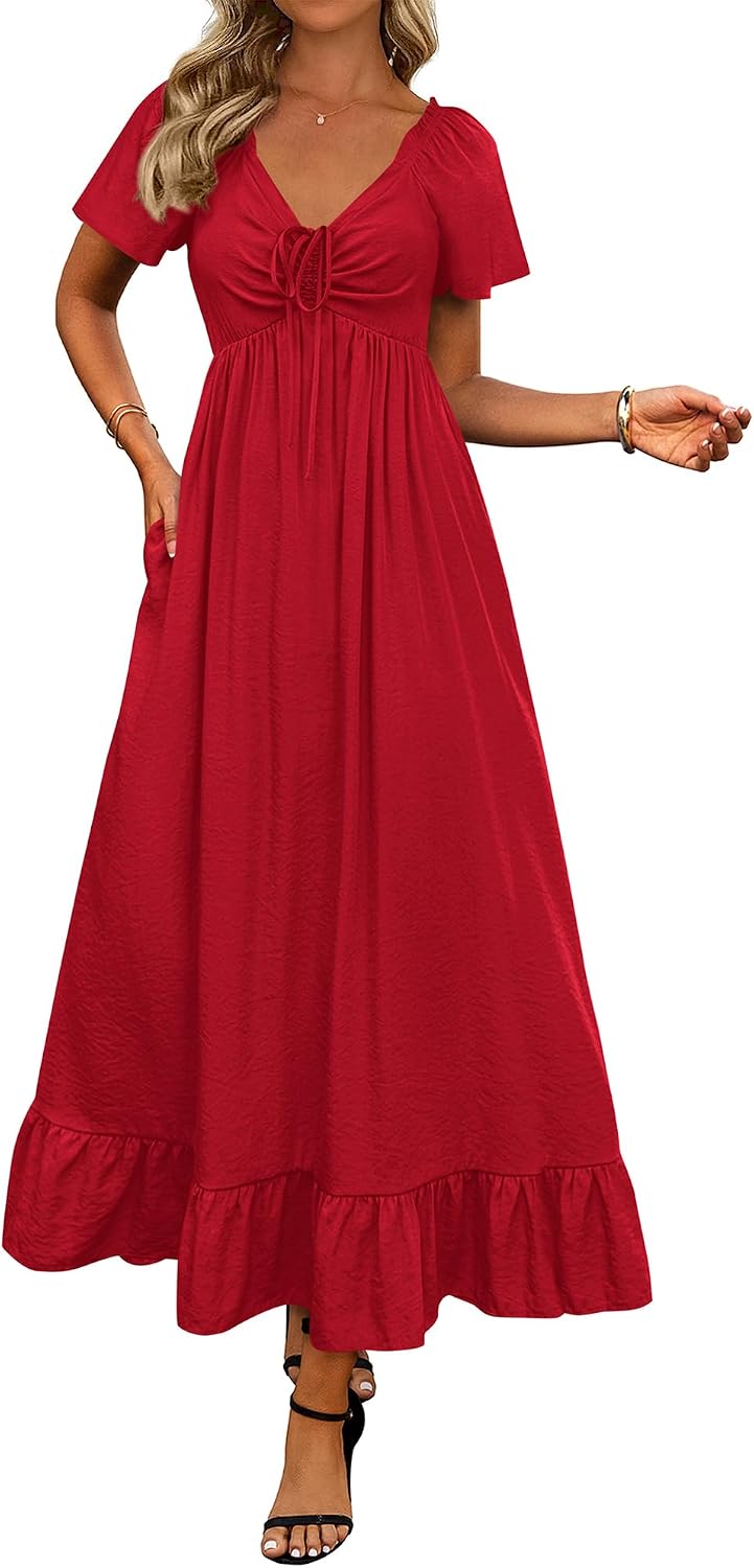 BTFBM Womens Summer Dresses 2026 Wedding Guest Maxi Dress | Short Sleeve, V Neck, Drawstring,A-Line,Loose Fit,Solid,Cocktail,Party,Boho Beach Long Dress,Prom,Beach Vacation Clothes