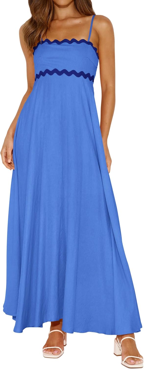 PRETTYGARDEN Women Spaghetti Strap Boho Maxi Dresses Flowy | Sleeveless Smocked Long Dress, Striped Trim Flowy Dress Pockets, Elegant Square Neck Beach Sundress, Casual Summer Outfits