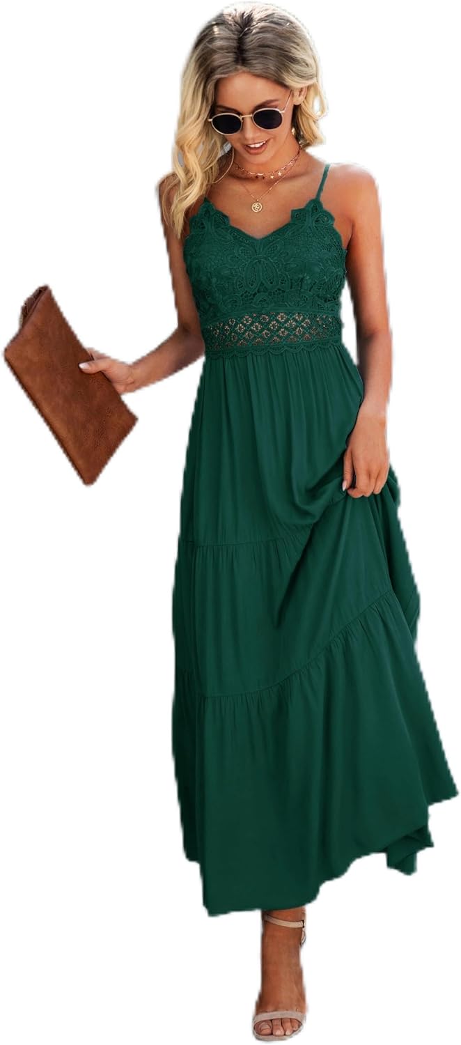Dokuritu Women's Beach Crochet Lace Maxi Dress Solid Color Summer Vacation Wedding Guest Spaghetti Strap Long Dress