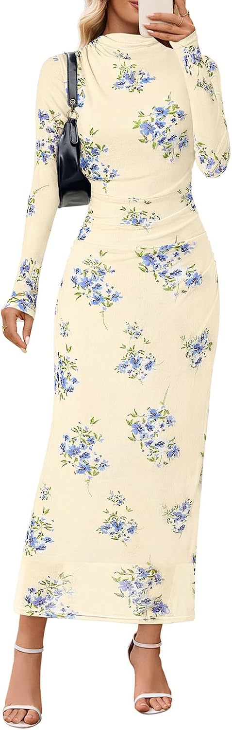 Floral Mesh Long-Sleeve Bodycon Maxi Dress in Apricot
