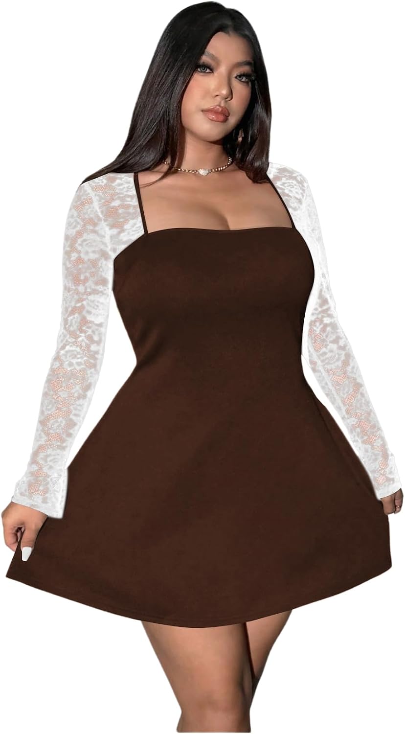 Floerns Women's Plus Size Lace Sheer Long Sleeve Square Neck Mini Dresses | A Line, Curvy, Flare, Birthday, Night Out, Party, Wedding Guest, Formal, Mini Dress
