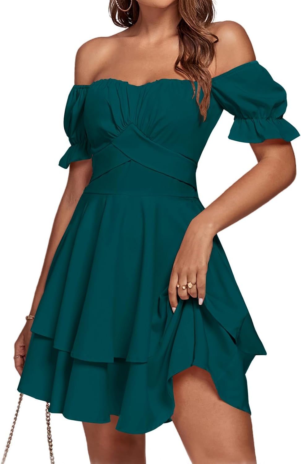 LYANER Women's Off Shoulder Casual Dress | Summer Tie Back Wrap Layer Ruffle A Line Short Sleeve Party Elegant Mini Dresses
