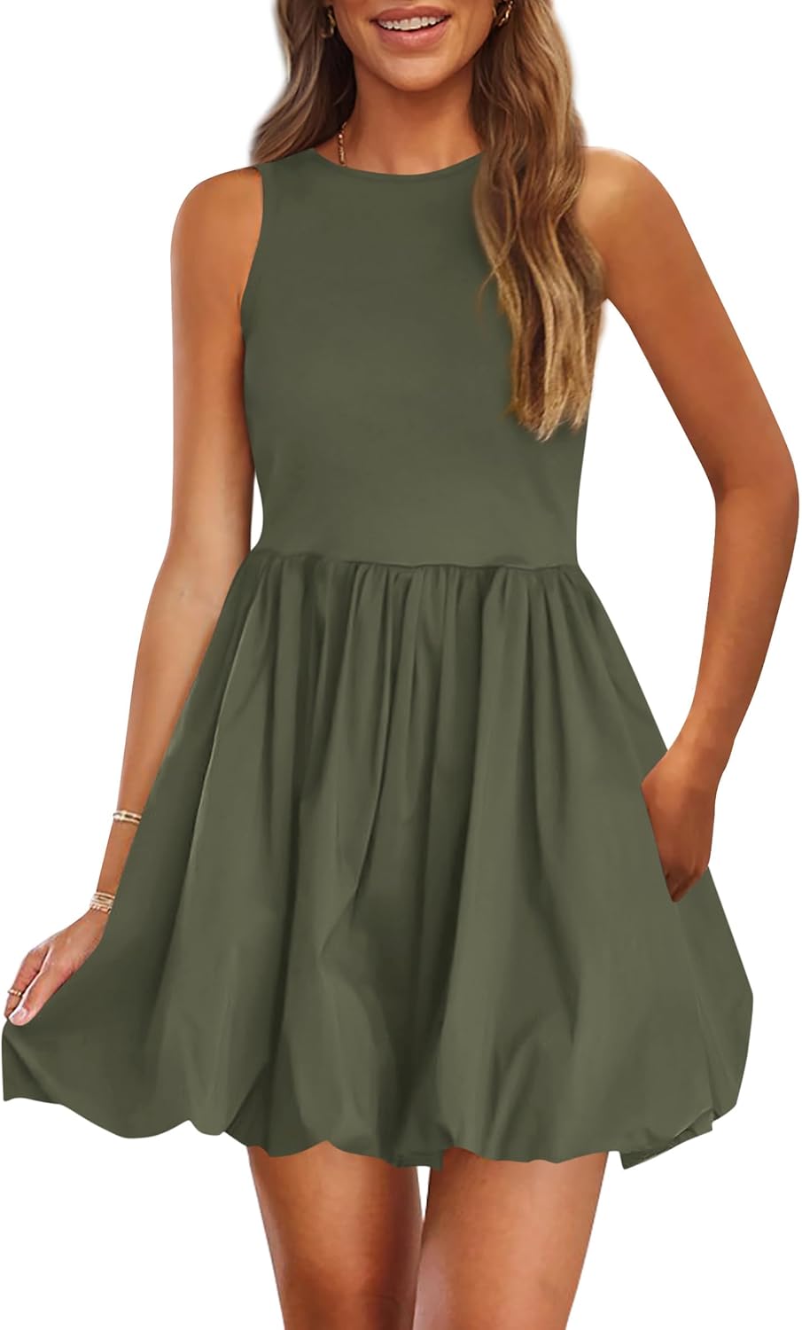 Crew-Neck Sleeveless Mini Dress in Army Green