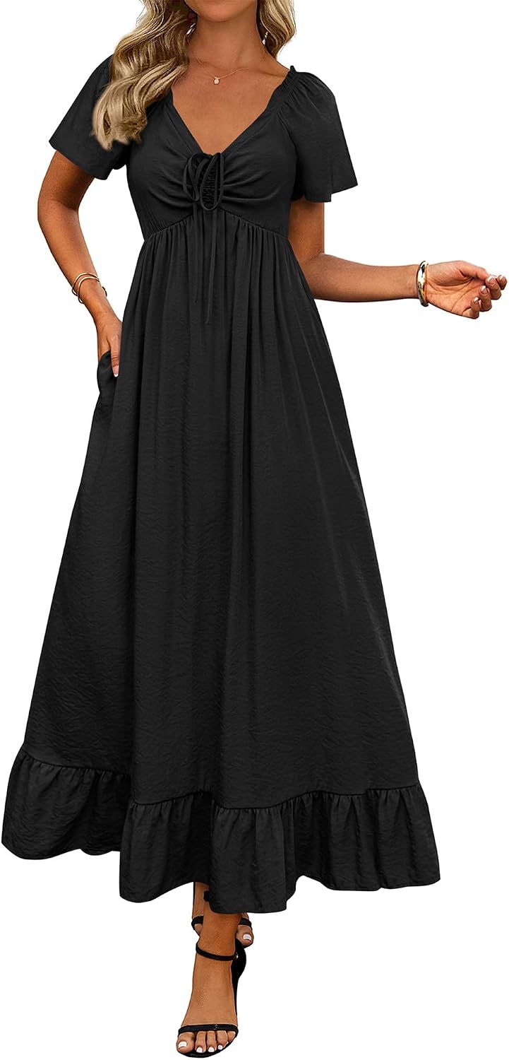 BTFBM Womens Summer Dresses 2026 Wedding Guest Maxi Dress | Short Sleeve, V Neck, Drawstring,A-Line,Loose Fit,Solid,Cocktail,Party,Boho Beach Long Dress,Prom,Beach Vacation Clothes