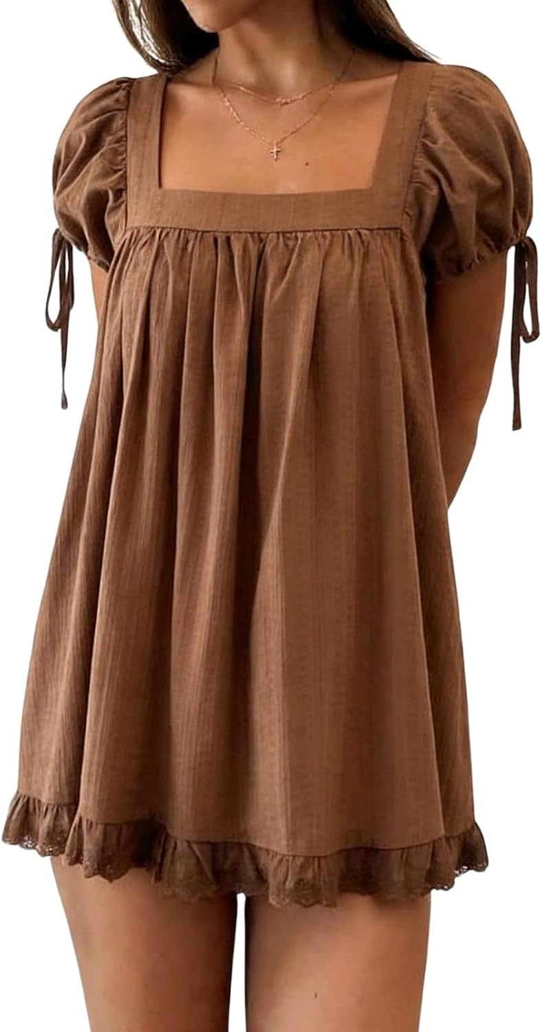 QLQLWDD Women Square Neck Babydoll Mini Dress Y2k Puff Sleeve Flowy Short Dress Loose Bow Tie Ruffle Trim Going Out Sundress