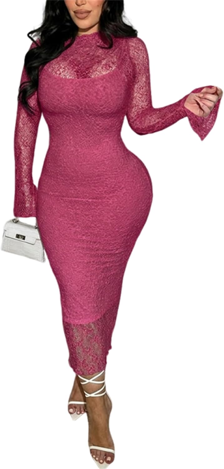 Women\u2019s Lace Bodycon Midi Dress Long Sleeve Cocktail Wedding Guest Dress | Soft Stretch Sheer Lace,Curve-hugging Bodycon Fit,Elegant Midi Dress for Birthday,Party Club,Date Night,Prom Dress