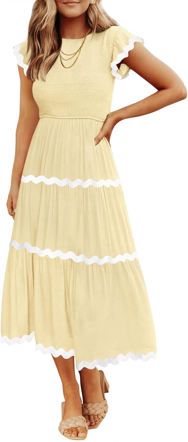 Crew-Neck Short-Sleeve Tiered Midi Dress in Light Yellow