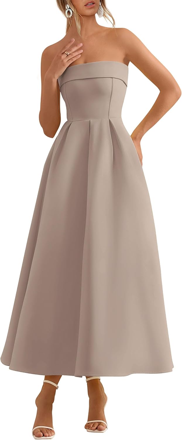 Tube-Top Strapless Midi Cocktail Dress in Khaki