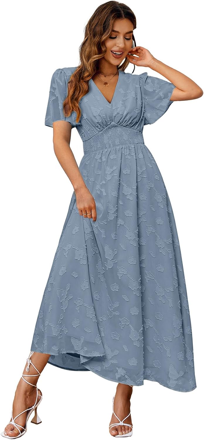 Floral V-Neck Short-Sleeve Maxi Dress in Dusty Blue