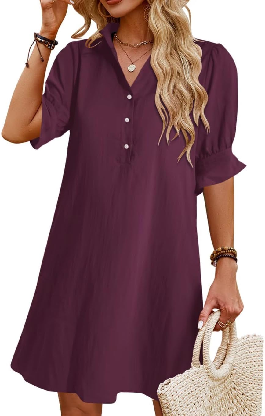 JPGLOV Womens Summer Shirt Mini Beach Dresses | Button Down Shift Dress,Ruffle Short Sleeve,Floral Boho Style,Side Pockets,Casual Vacation Hawaiian Wedding Guest Outfits