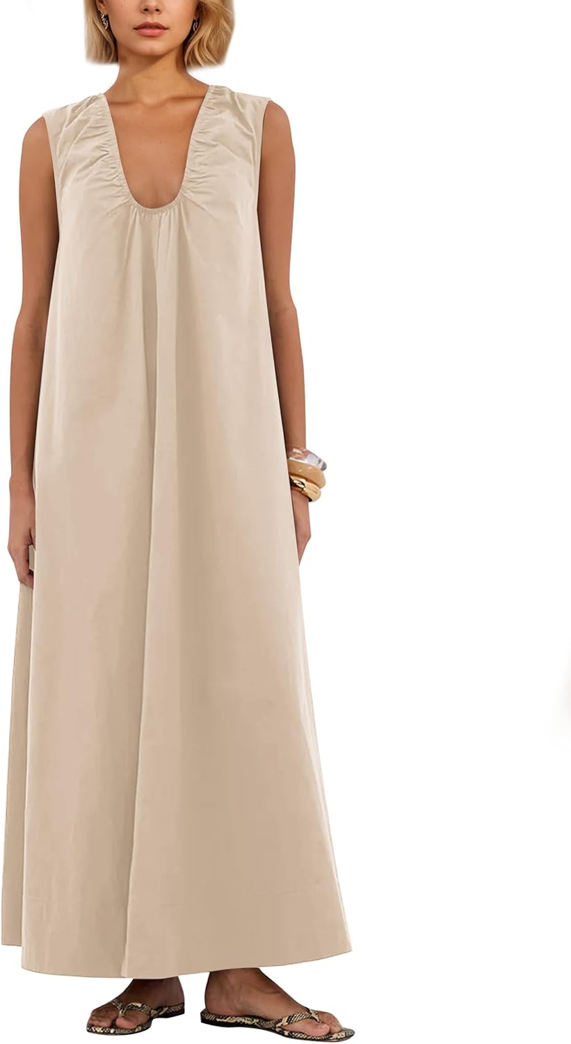 Ardrem Women Sleeveless Ruched Maxi Dress Scoop Neck Long Elegant Dresses Wide Shoulder Strap Blouse Dress with Side Pockets