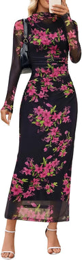 MEROKEETY Womens Fall Long Sleeve Floral Wedding Guest Maxi Dress | 2026 Bodycon, Mesh, Slim Fit, Winter Cocktail Party, Semi Formal, Birthday, Date Night, Prom Elegant Long Dresses