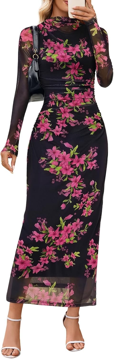 MEROKEETY Womens Fall Long Sleeve Floral Wedding Guest Maxi Dress | 2026 Bodycon, Mesh, Slim Fit, Winter Cocktail Party, Semi Formal, Birthday, Date Night, Prom Elegant Long Dresses