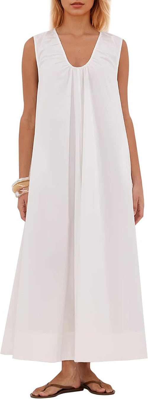 Ardrem Women Sleeveless Ruched Maxi Dress Scoop Neck Long Elegant Dresses Wide Shoulder Strap Blouse Dress with Side Pockets