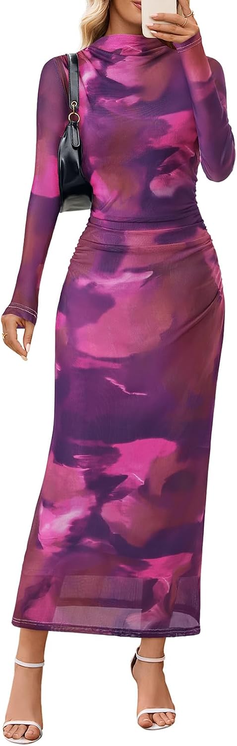 Floral Mesh Long-Sleeve Bodycon Maxi Dress in Plum