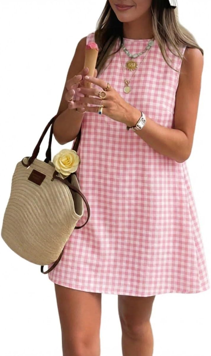 Plaid Mock-Neck Sleeveless A-Line Mini Dress in Pink
