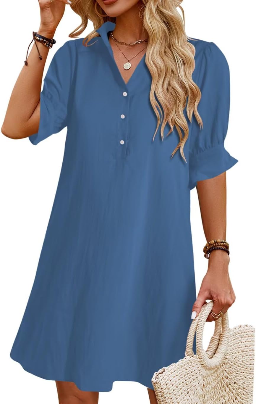 JPGLOV Womens Summer Shirt Mini Beach Dresses | Button Down Shift Dress,Ruffle Short Sleeve,Floral Boho Style,Side Pockets,Casual Vacation Hawaiian Wedding Guest Outfits