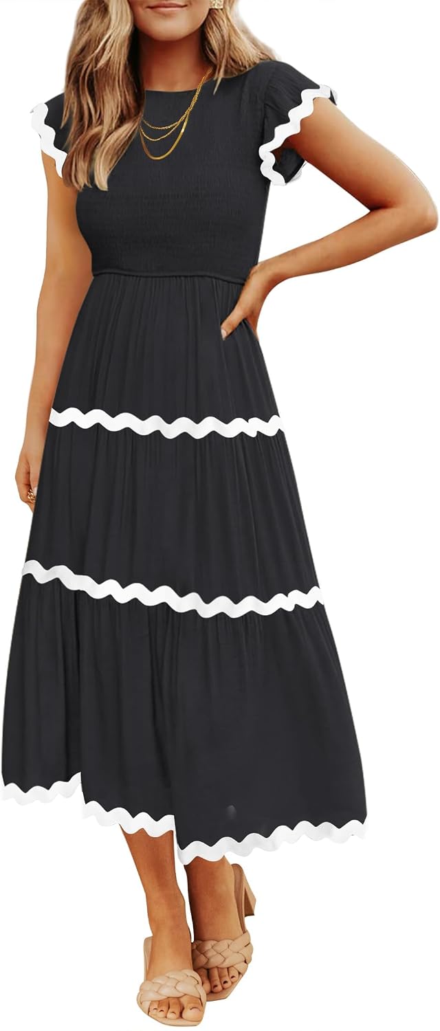 Crew-Neck Short-Sleeve Tiered Midi Dress in Black