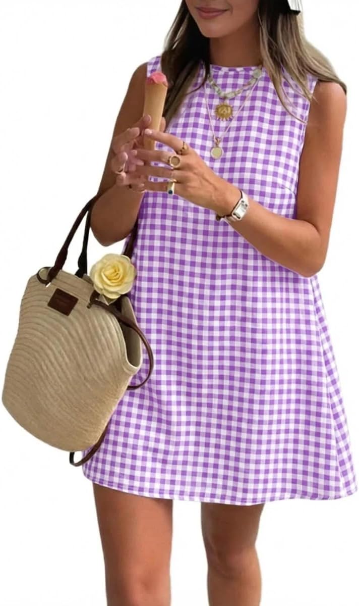 Plaid Mock-Neck Sleeveless A-Line Mini Dress in Purple