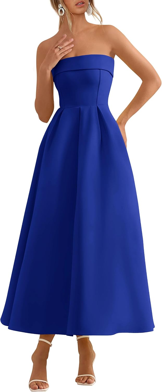 Tube-Top Strapless Midi Cocktail Dress in Royal Blue