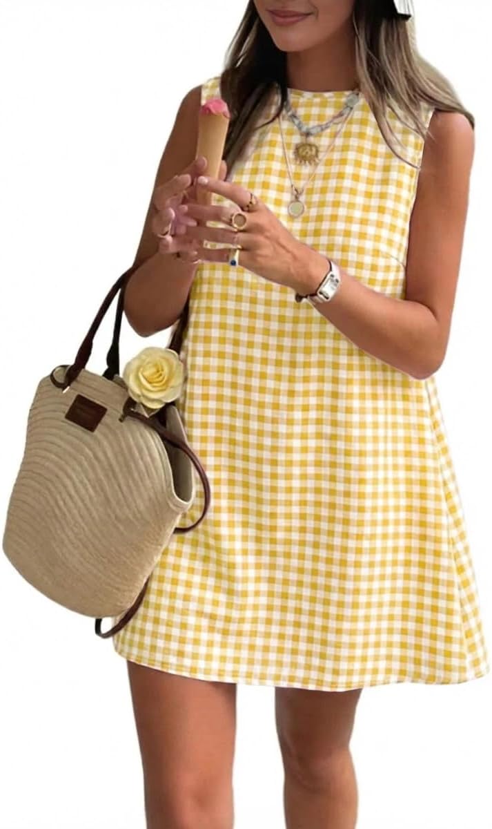 Plaid Mock-Neck Sleeveless A-Line Mini Dress in Yellow