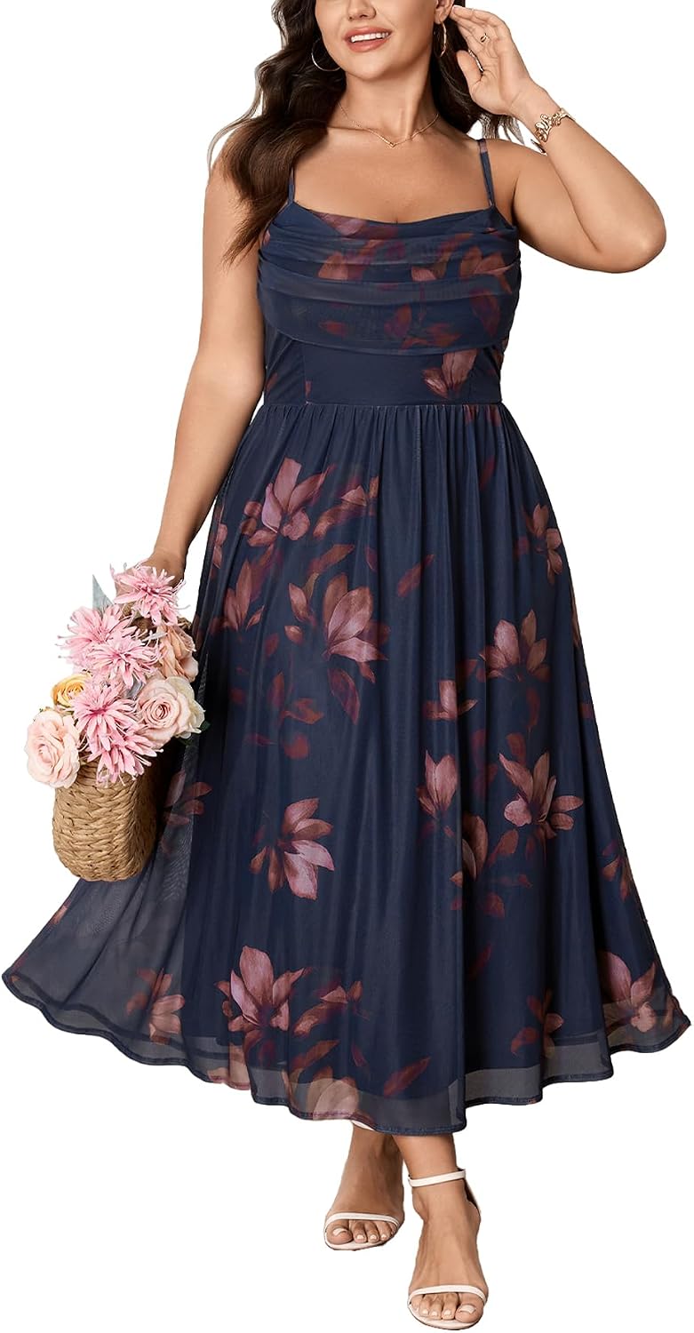 SHESTARR Women's Plus Size Summer Floral Maxi Dress | Spaghetti Strap, Cowl Neck, Floral Dress, Wedding Guest, Cocktail, Party, Homecoming, Mesh Long Dress