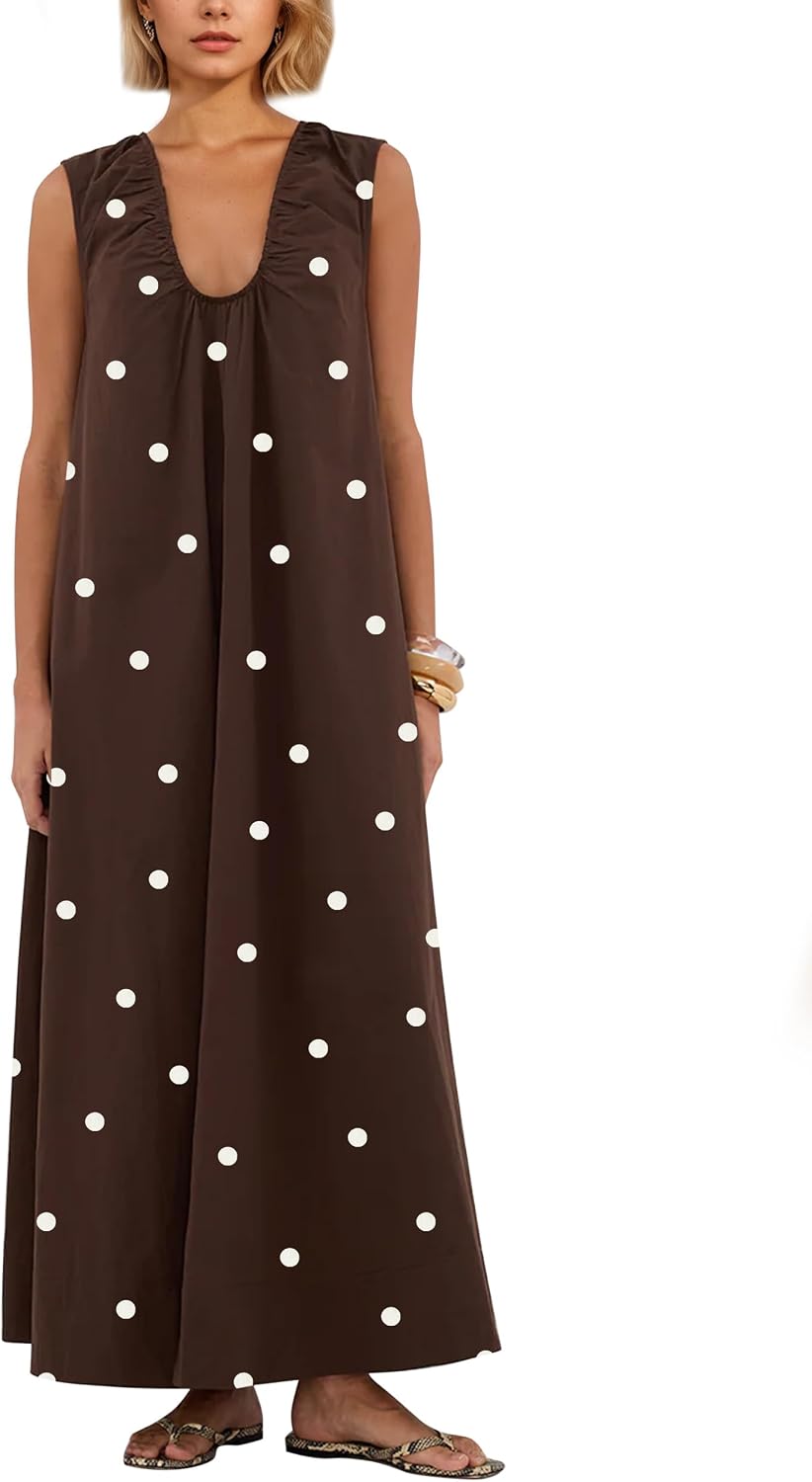 Ardrem Women Sleeveless Ruched Maxi Dress Scoop Neck Long Elegant Dresses Wide Shoulder Strap Blouse Dress with Side Pockets