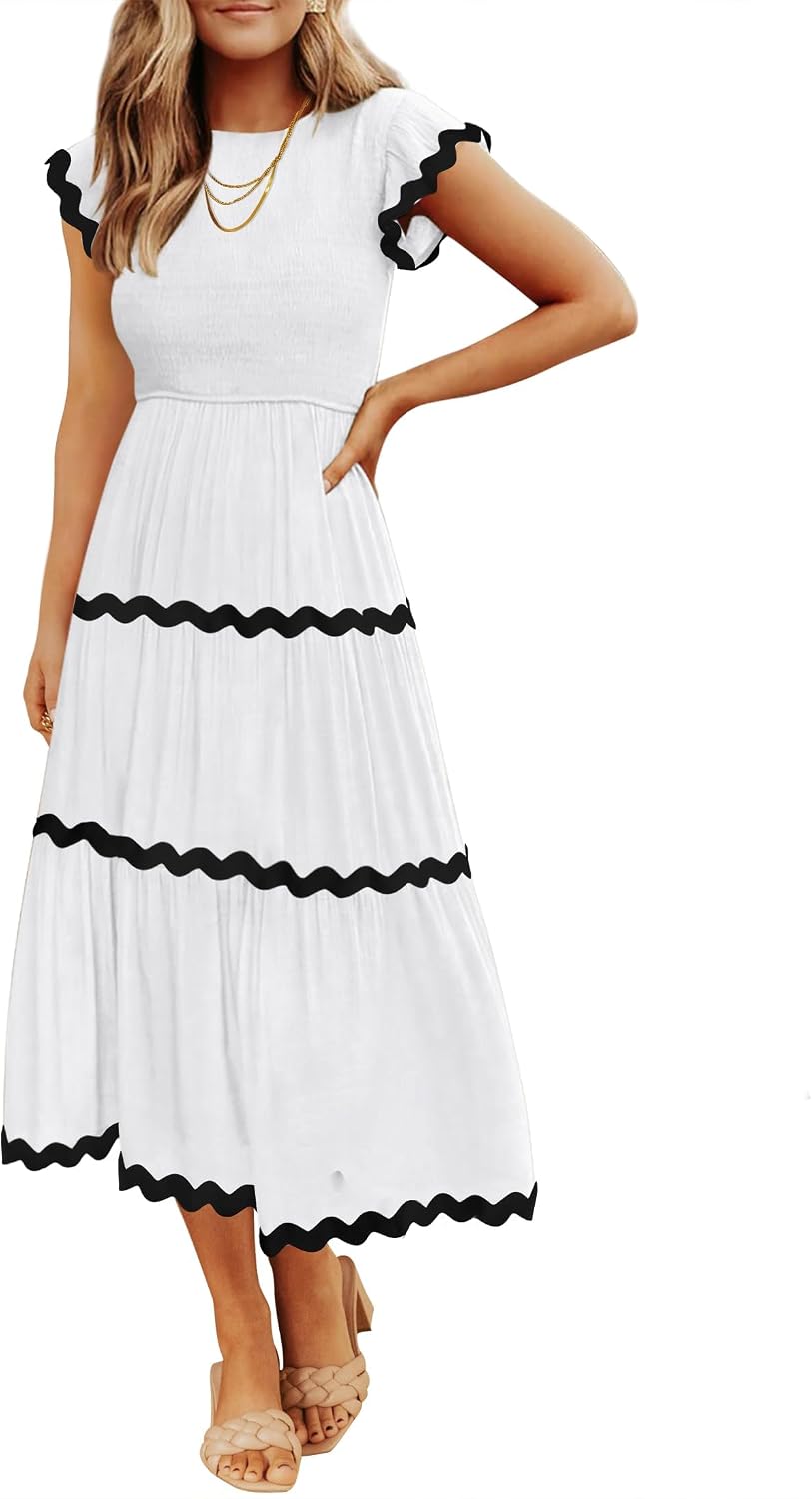 Crew-Neck Short-Sleeve Tiered Midi Dress in White