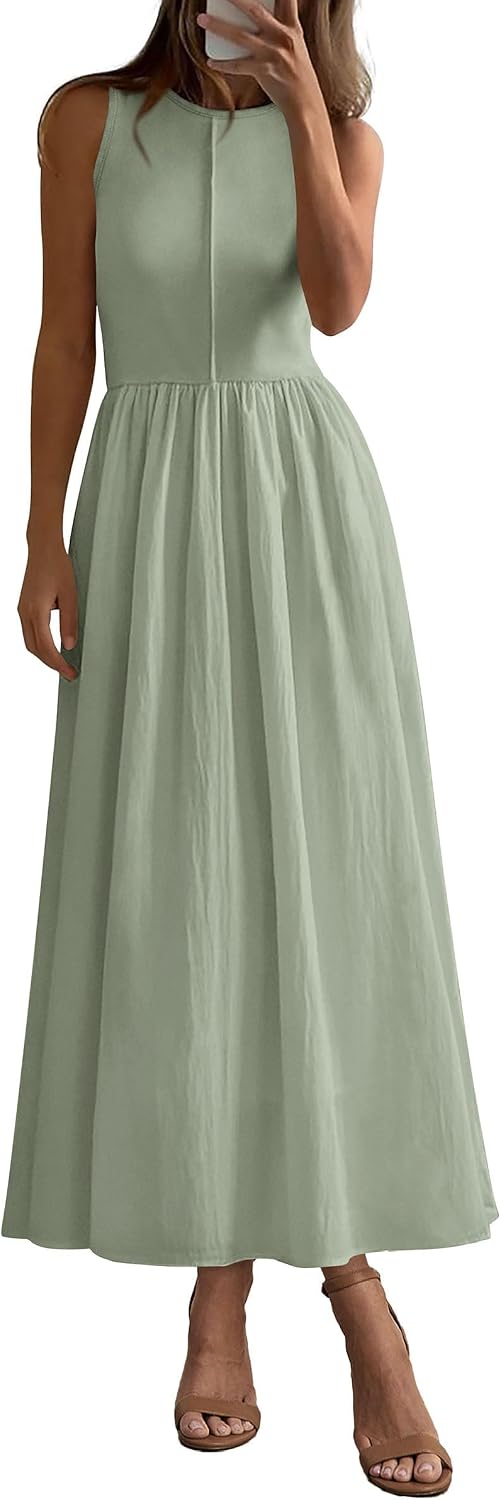 Ribbed Knit Sleeveless A-Line Maxi Dress in Light Green
