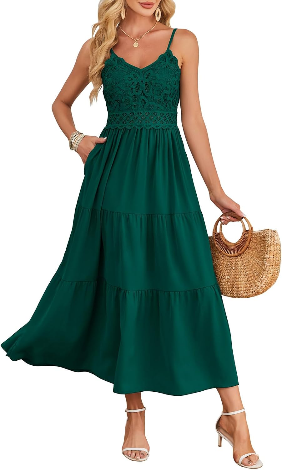 Dokuritu Women's Beach Crochet Lace Maxi Dress Solid Color Summer Vacation Wedding Guest Spaghetti Strap Long Dress