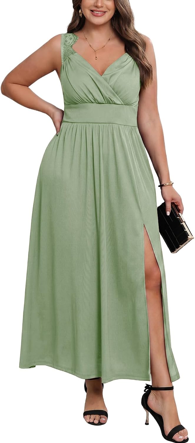 OYOANGLE Women's Plus Size Formal Evening Maxi Dress Wedding Guest Party | High Slit ,Split Side Sleeveless Wrap V Neck Lace Trim Sleeveless Long Cocktail Dress,Summer