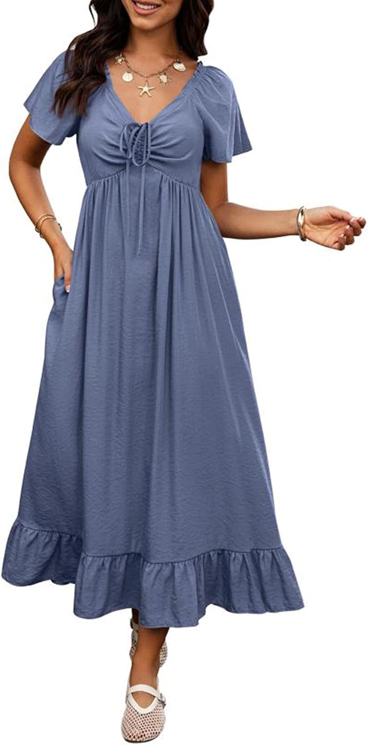 BTFBM Womens Summer Dresses 2026 Wedding Guest Maxi Dress | Short Sleeve, V Neck, Drawstring,A-Line,Loose Fit,Solid,Cocktail,Party,Boho Beach Long Dress,Prom,Beach Vacation Clothes