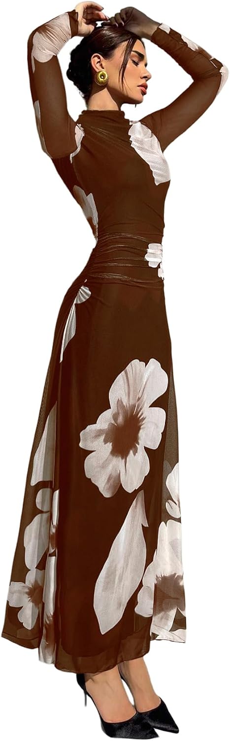 Verdusa Women's Floral Wedding Guest Dress Long Sleeve Mesh Maxi Dresses | Bodycon Dresses, Elegant Dresses for Women, Flowy Dresses, Cocktail Outfits, Fall Dresses for Women