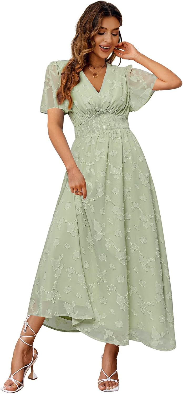 Floral V-Neck Short-Sleeve Maxi Dress in Light Green