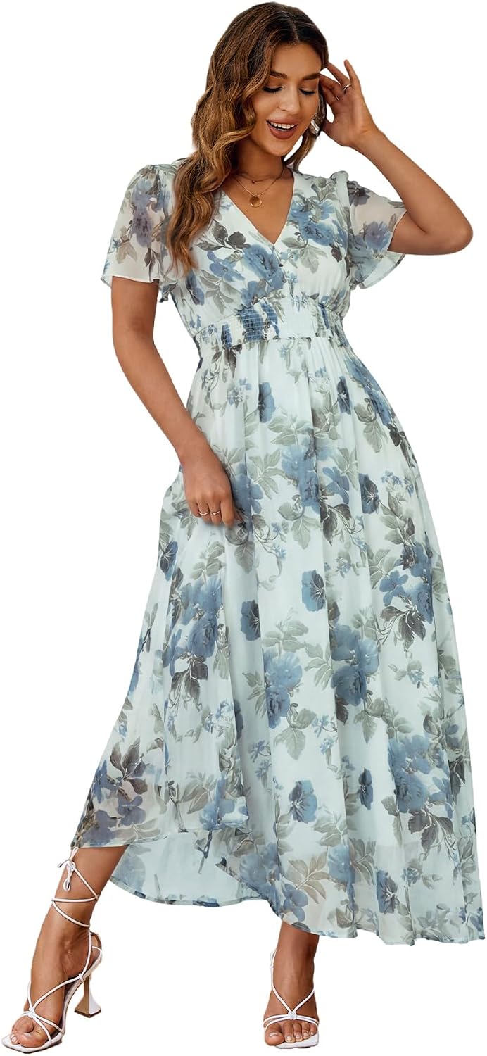 Floral V-Neck Short-Sleeve Maxi Dress in Light Blue Floral
