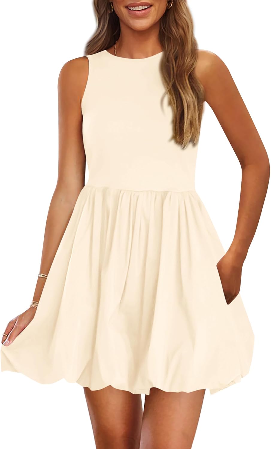 Crew-Neck Sleeveless Mini Dress in Beige