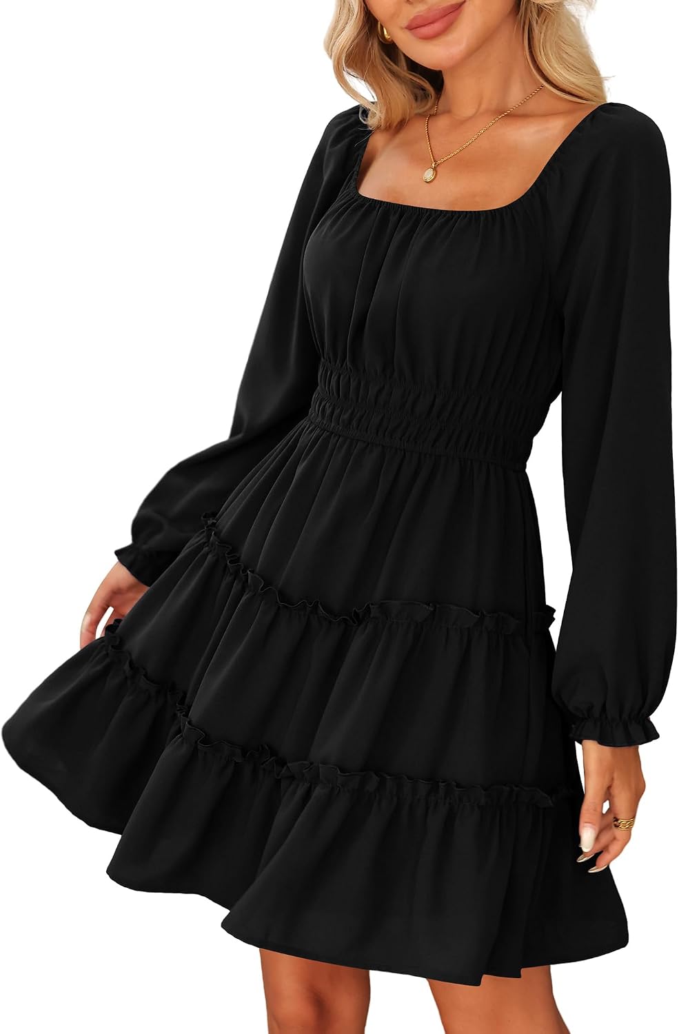 Amoretu Women\u2019s Square Neck Long Sleeve Dress Tiered Ruffle A-Line Flowy Mini Dresses with Pockets