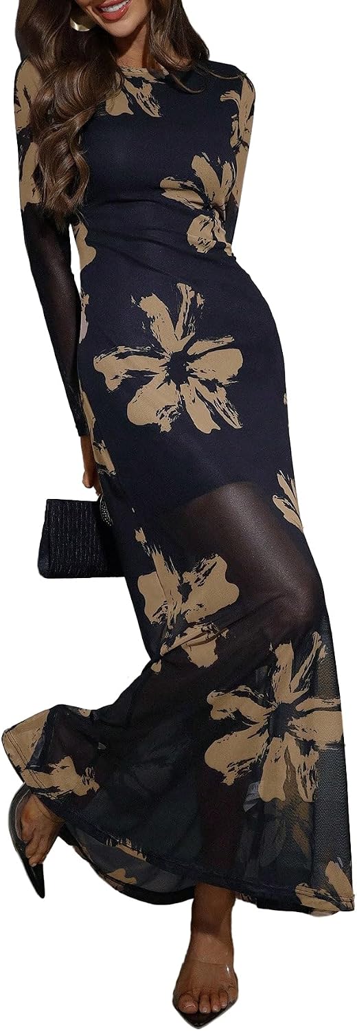 Floral Long-Sleeve Bodycon Maxi Dress in Dark Blue