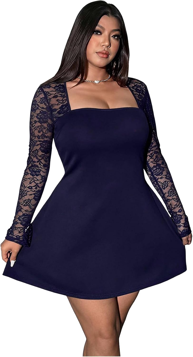 Floerns Women's Plus Size Lace Sheer Long Sleeve Square Neck Mini Dresses | A Line, Curvy, Flare, Birthday, Night Out, Party, Wedding Guest, Formal, Mini Dress