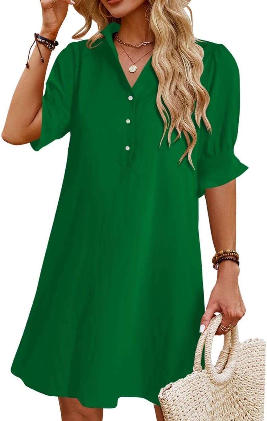 JPGLOV Womens Summer Shirt Mini Beach Dresses | Button Down Shift Dress,Ruffle Short Sleeve,Floral Boho Style,Side Pockets,Casual Vacation Hawaiian Wedding Guest Outfits