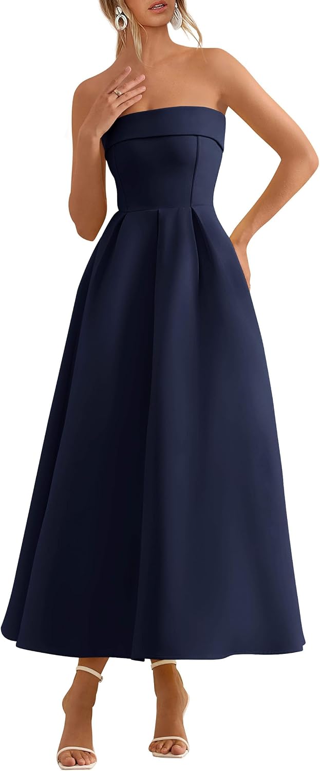 Tube-Top Strapless Midi Cocktail Dress in Navy