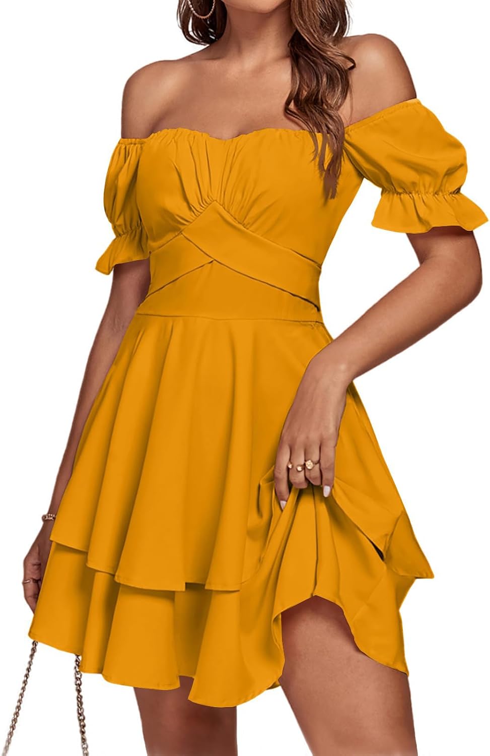 LYANER Women's Off Shoulder Casual Dress | Summer Tie Back Wrap Layer Ruffle A Line Short Sleeve Party Elegant Mini Dresses