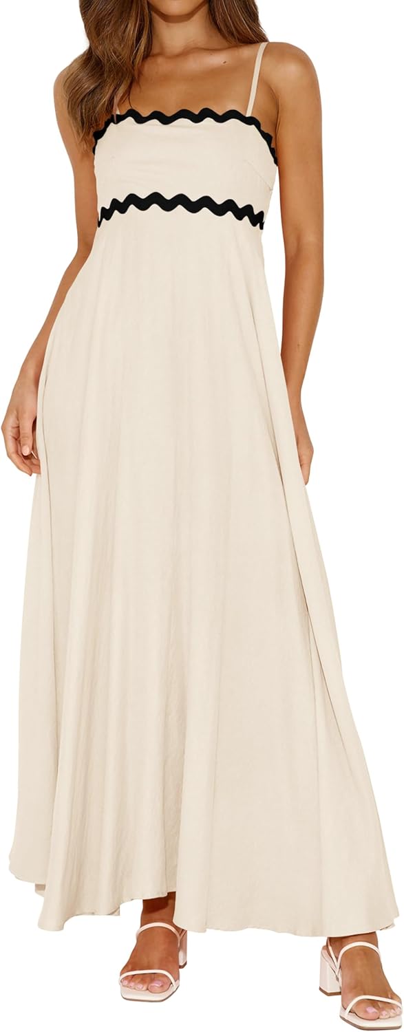 PRETTYGARDEN Women Spaghetti Strap Boho Maxi Dresses Flowy | Sleeveless Smocked Long Dress, Striped Trim Flowy Dress Pockets, Elegant Square Neck Beach Sundress, Casual Summer Outfits