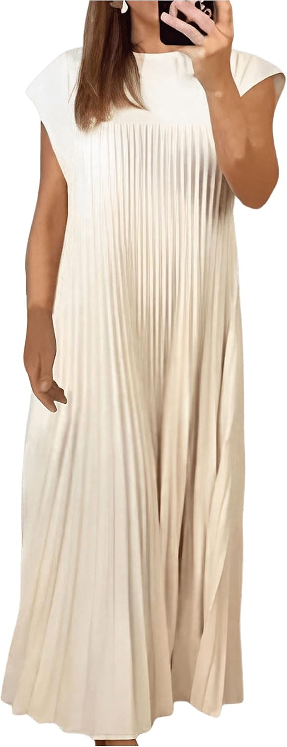 GORGLITTER Women's Pleated Maxi Dresses Church Casual Wedding Guest Outfits | Flowy, Chiffon, Summer Casual, Womens Dress, Cocktail Going Out Dress for Women