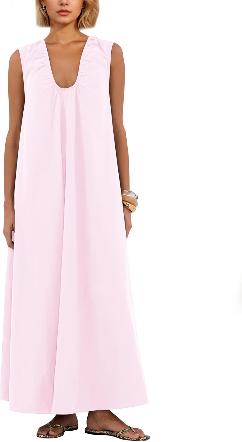Ardrem Women Sleeveless Ruched Maxi Dress Scoop Neck Long Elegant Dresses Wide Shoulder Strap Blouse Dress with Side Pockets