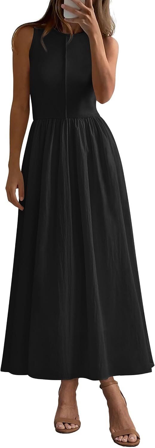 Ribbed Knit Sleeveless A-Line Maxi Dress in Black
