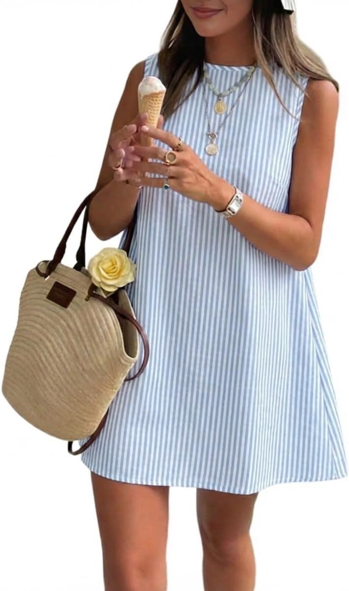 Plaid Mock-Neck Sleeveless A-Line Mini Dress in Striped Light Blue