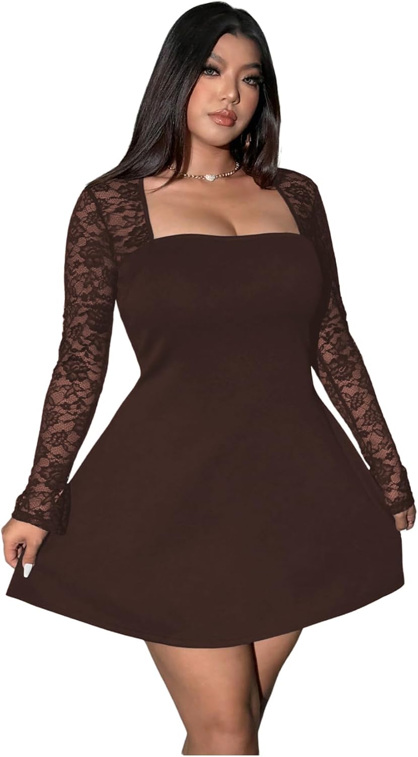Floerns Women's Plus Size Lace Sheer Long Sleeve Square Neck Mini Dresses | A Line, Curvy, Flare, Birthday, Night Out, Party, Wedding Guest, Formal, Mini Dress